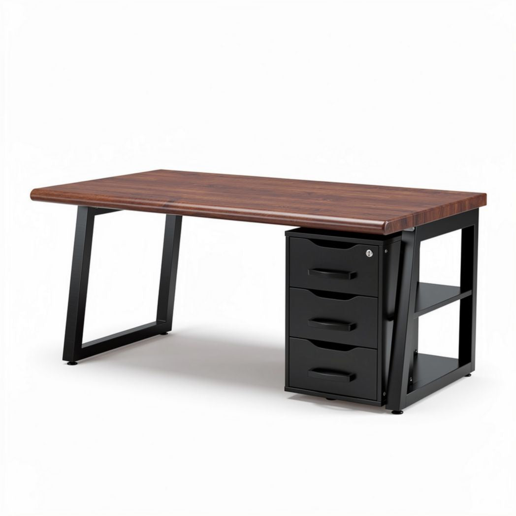 Bureau en bois finition chêne avec tiroirs en métal noir 150 x 75 x 75cm