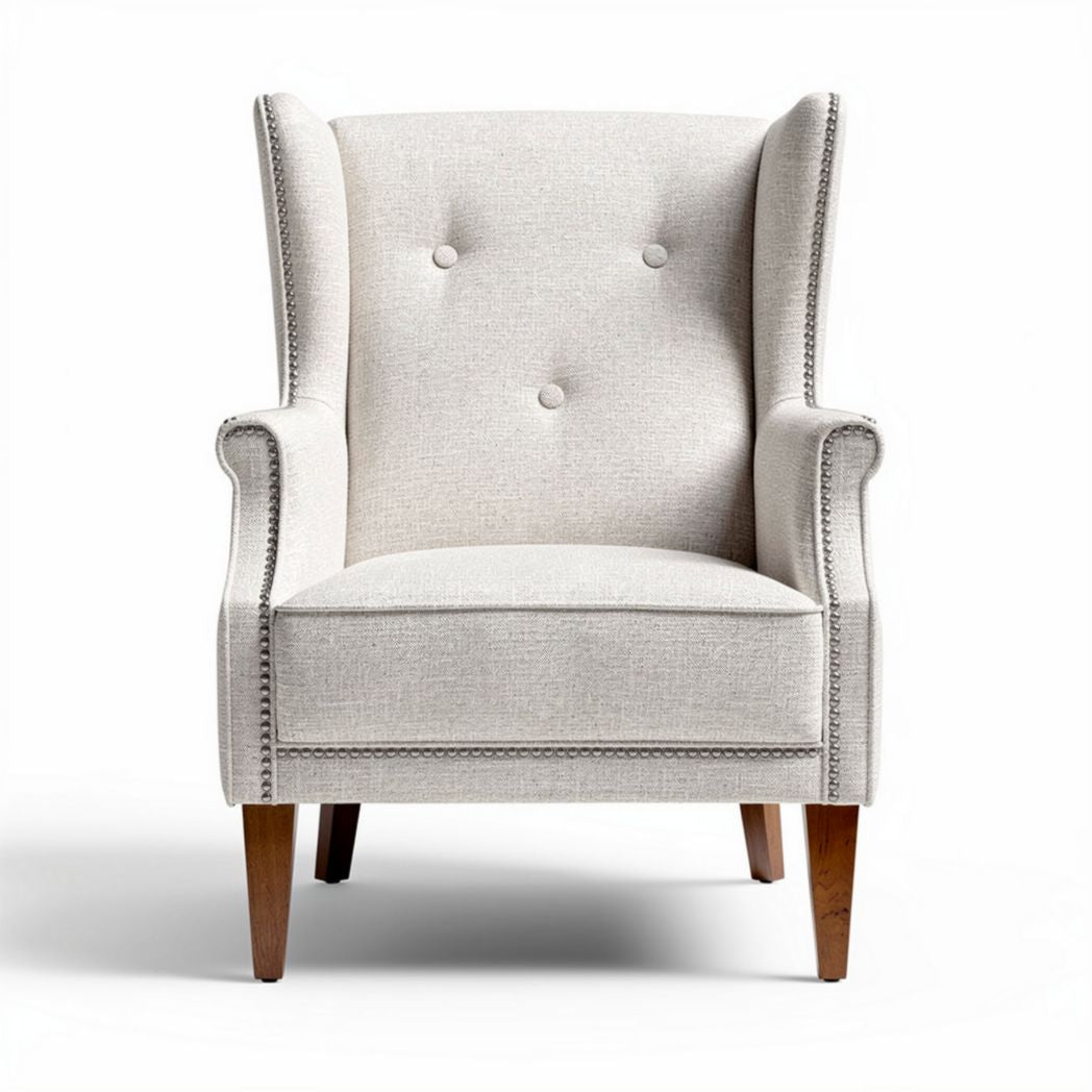 Fauteuil en tissu beige avec accoudoirs en bois dimensions 75 x 70 x 85cm