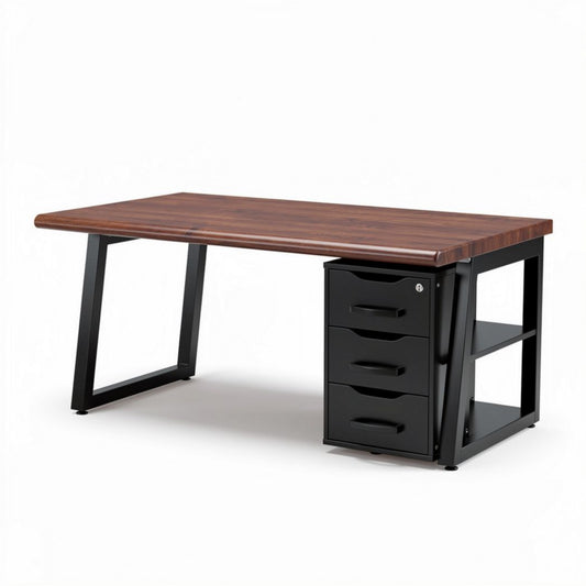 Bureau en bois finition chêne avec tiroirs en métal noir 150 x 75 x 75cm
