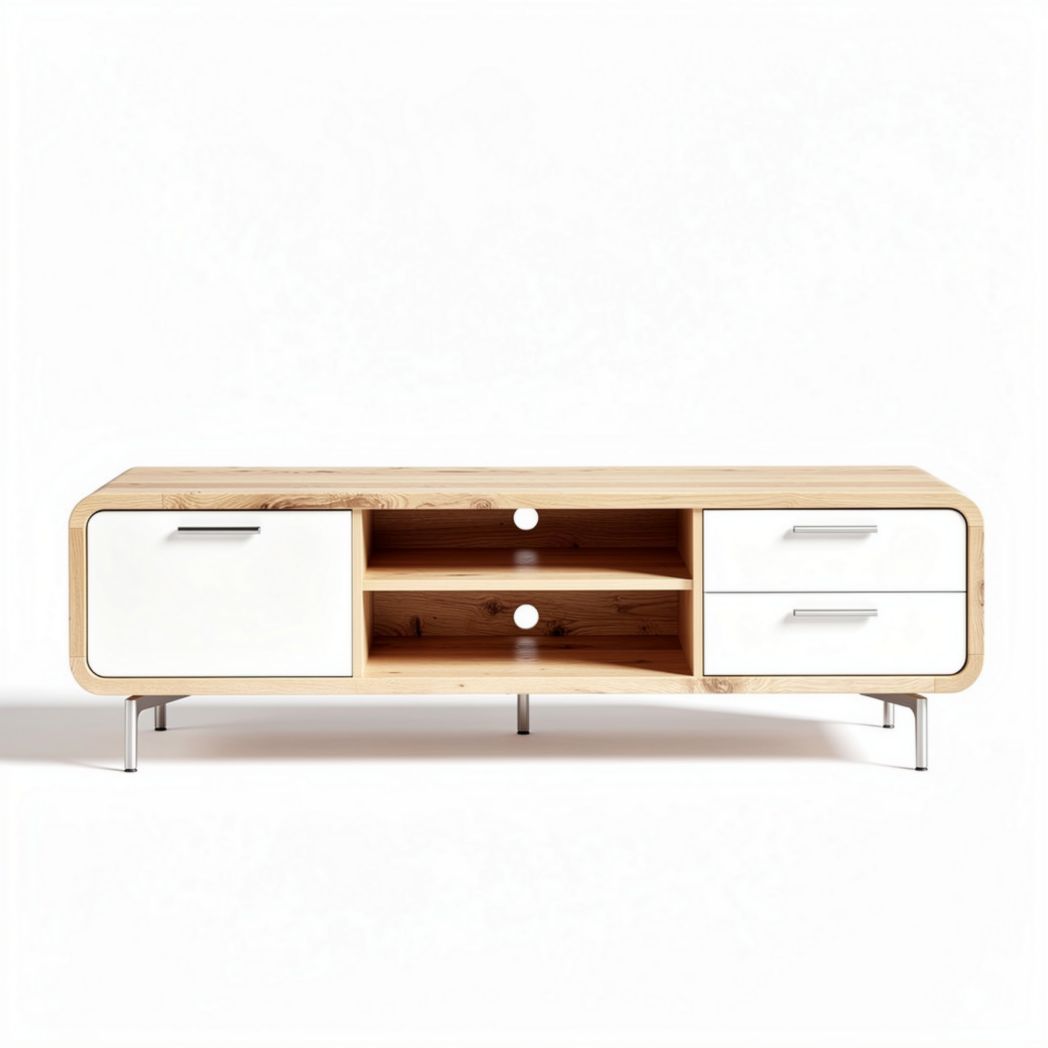 Meuble TV en bois naturel avec tiroirs et portes en blanc 150 x 40 x 40cm