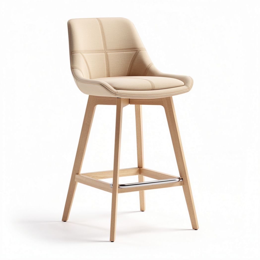 Tabouret de bar en cuir beige avec pieds en bois de hêtres 45 x 45 x 100cm