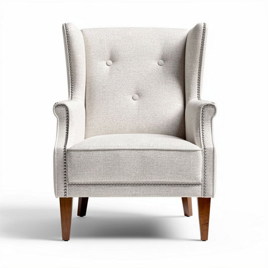 Fauteuil en tissu beige avec accoudoirs en bois dimensions 75 x 70 x 85cm