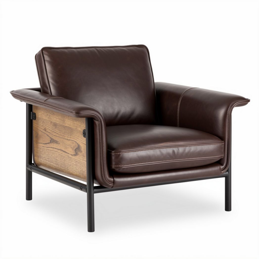 Fauteuil en cuir marron avec structure en métal et panneau en bois 80 x 80 x 75cm