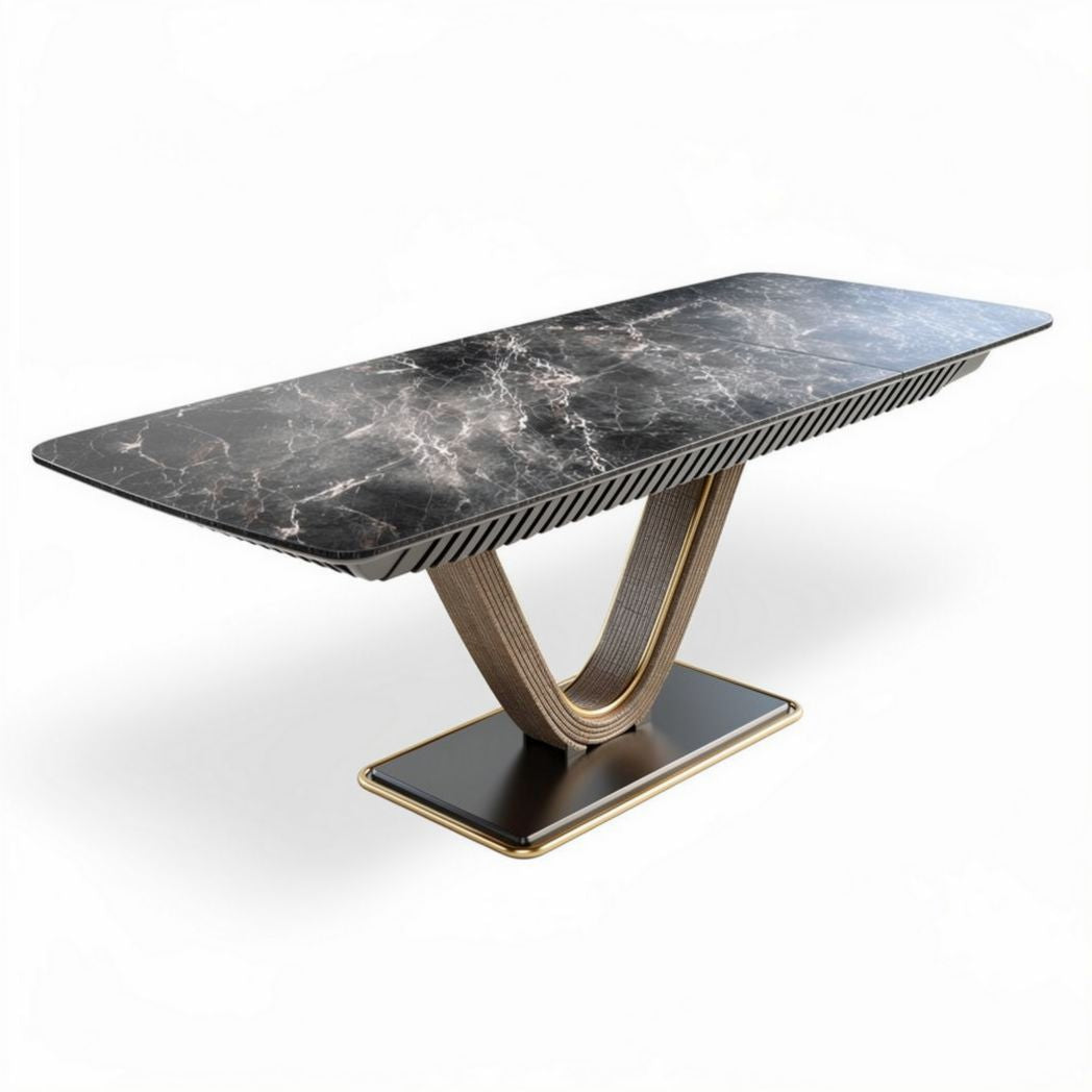 Table rectangulaire en marbre noir 200 x 100 x 75 cm avec pieds en métal sculpté
